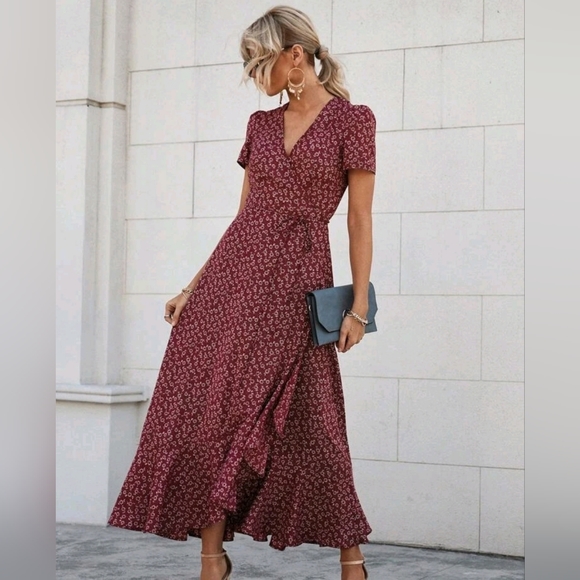 New Boho Floral Wrap Ruffle Maxi Dress Burgundy Red White - Picture 6 of 9